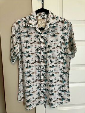 Amani Island Palm Print Short-Sleeve Button-Up Shirt - White/Teal